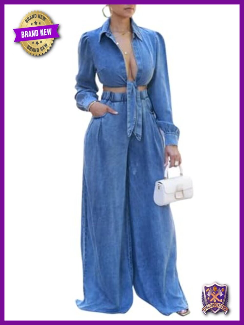 Voghtic Women's 2 Piece Denim Outfit Long Sleeve V Neck Crop Top Wide Leg Pants